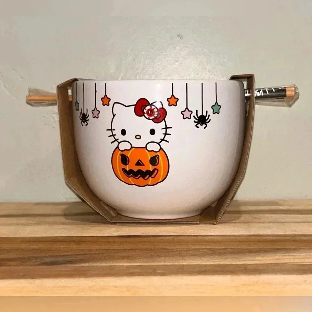 Hello Kitty Halloween Pumpkin Ceramic Bowl With Chopsticks Made By Sanrio